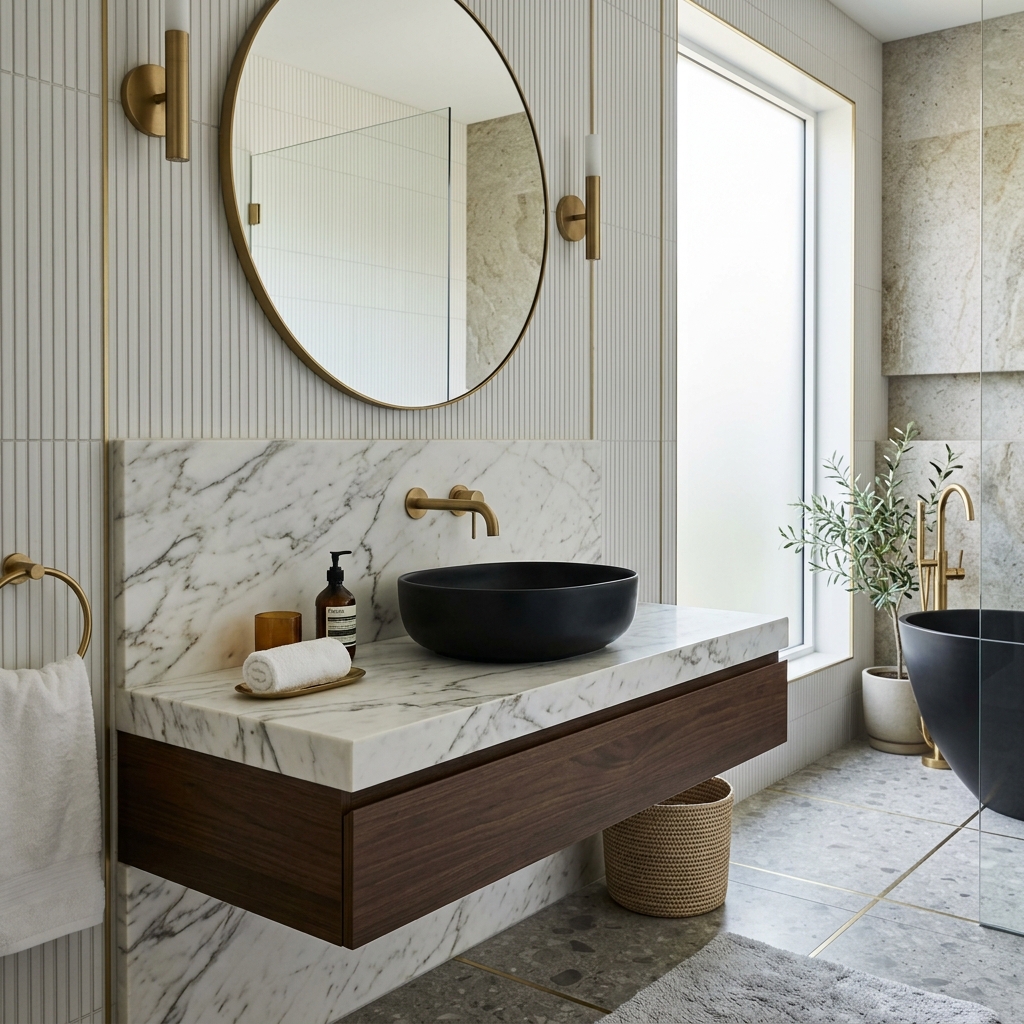 Luxury modern bathroom with black sink and gold fixtures